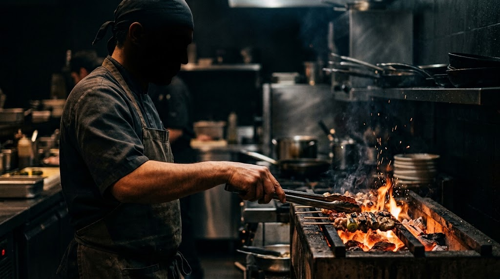 Kenji Marsh at the nine-seat counter, lit by the coals