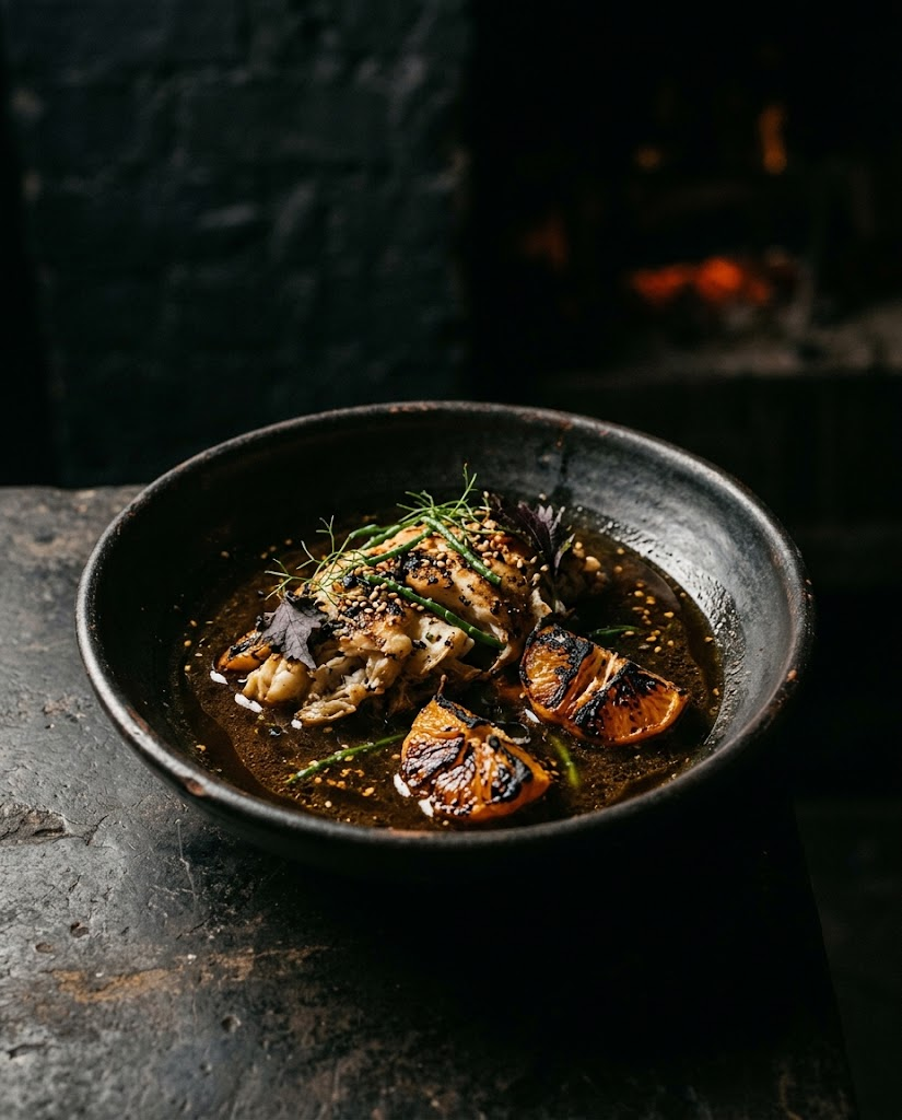 First Flame — Charred spanner crab, brown butter dashi, burnt mandarin