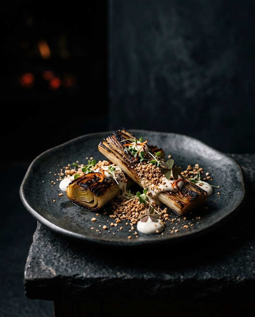 Rising Heat — Smoked leek, cultured cream, roasted koji