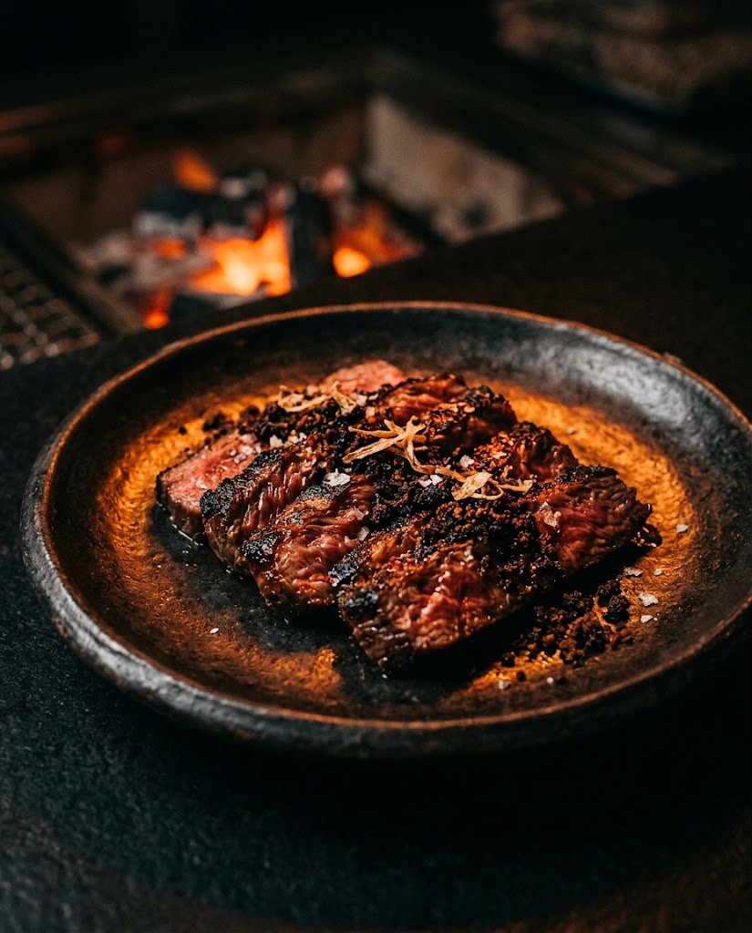 Full Blaze — Blackmore wagyu skirt, binchotan-seared, XO ash