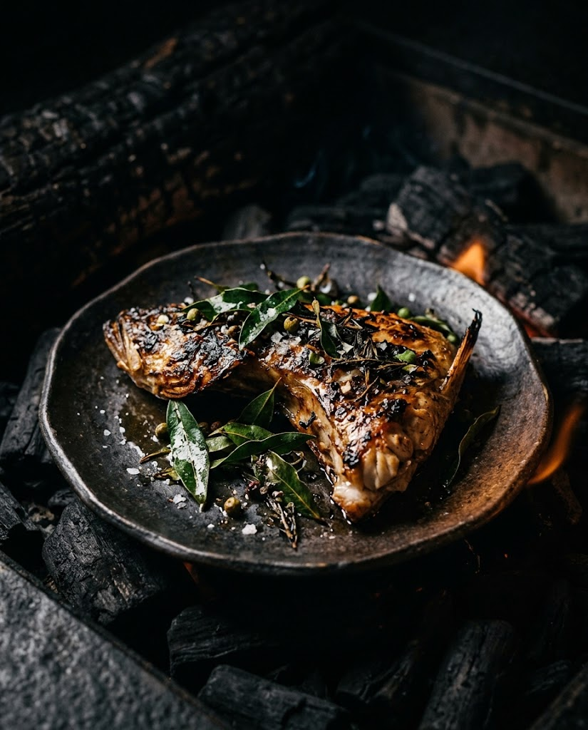 Coals Settling — Whole flathead collar, duck fat confit, native pepperleaf