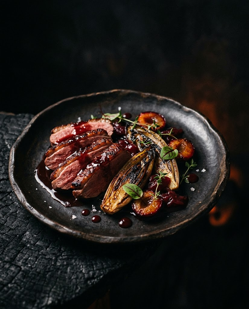 Low Ember — Aged duck breast, plum ember-glaze, charred witlof