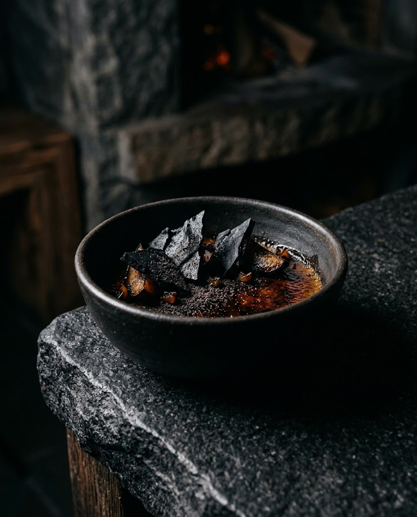 Ash — Burnt honey custard, charcoal meringue, Davidson plum ash