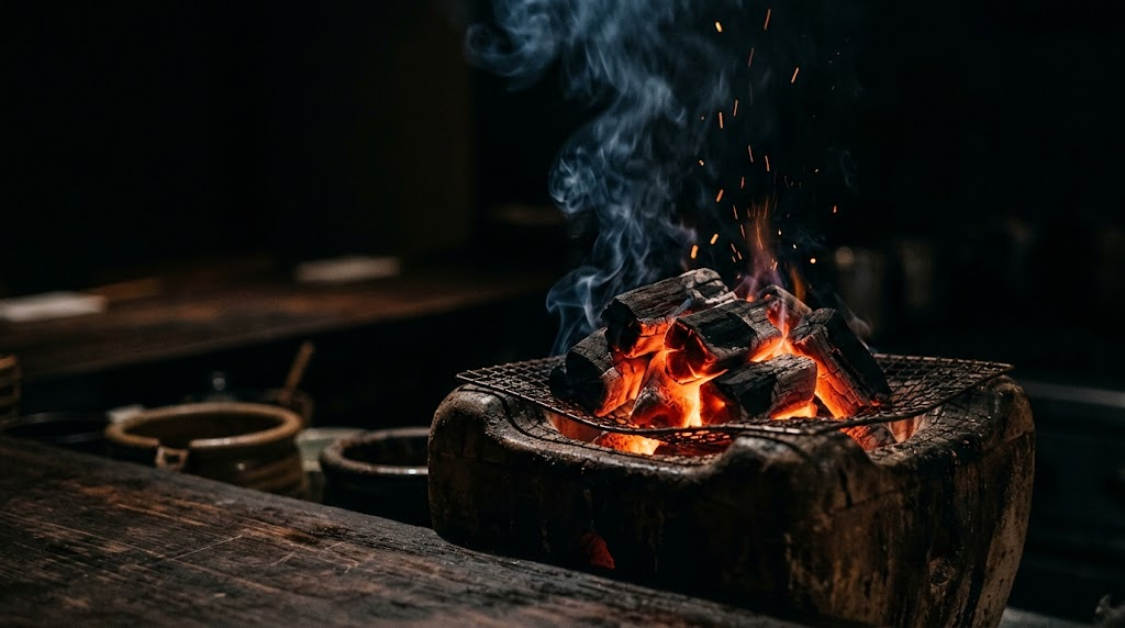 Binchotan coals at first light, before service